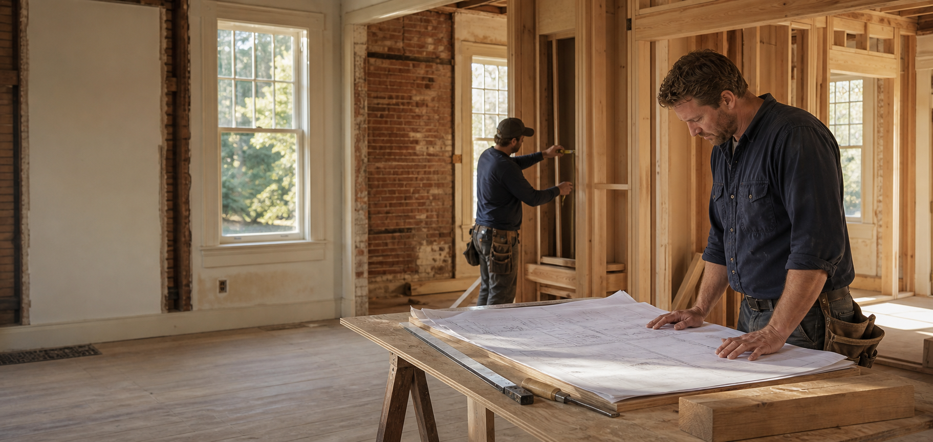 Carpenters reviewing plans inside the home during construction